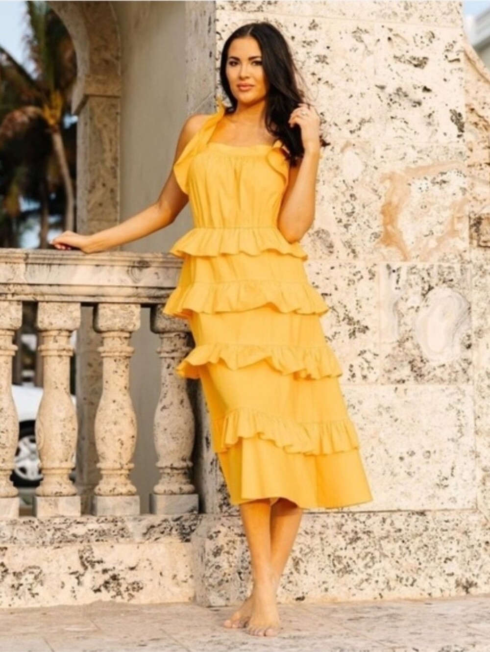 Rachel Parcell yellow tiered summer sun dress size 10 Cotton Ruffle Maxi